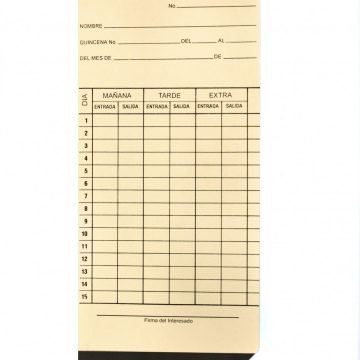 TARJETA PARA RELOJ CHECADOR SEMANAL C/100